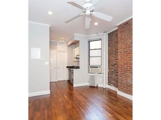 Empty room, Interior, Kitchen, Recessed Lighting, Stone Walls, Wood Texture Flooring