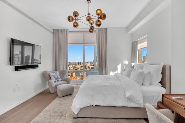 Bedroom, Interior, Pendant Lights, Water, Wood Texture Flooring