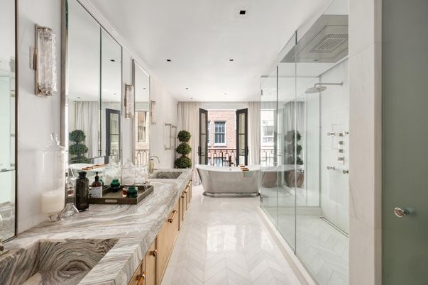 Bathroom, Free Standing Baths, Glass Shower, Interior, Marble, Recessed Lighting