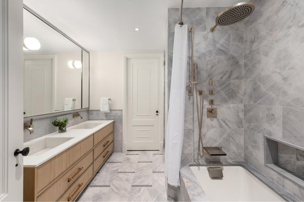 Bathroom, Dual Sink Vanities, Glass Shower, Interior, Marble, Marble Walls, Recessed Lighting