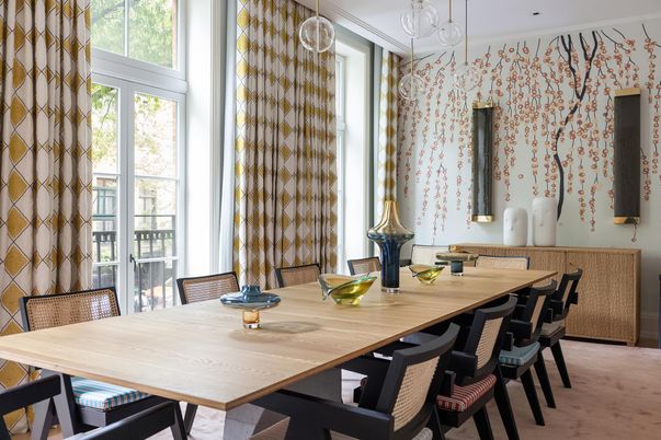 Dining room, Interior, Pendant Lights, Wood Texture Flooring