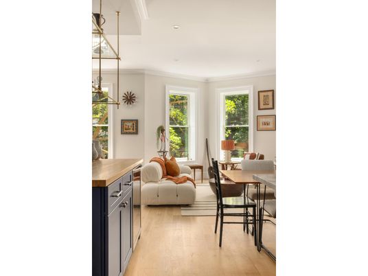 Dining room, Interior, Living room, Pendant Lights, Recessed Lighting, Wood Texture Flooring
