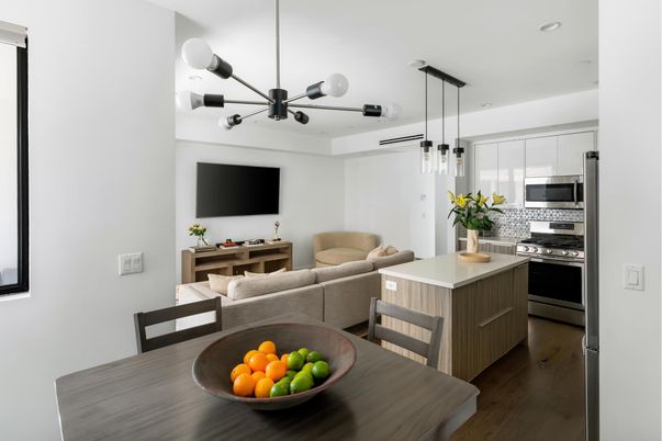 Dining room, Interior, Kitchen, Living room, Pendant Lights, Recessed Lighting, Stainless Steel Appliances, Wood Texture Flooring