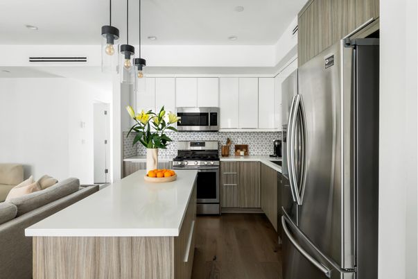 Interior, Kitchen, Pendant Lights, Recessed Lighting, Stainless Steel Appliances, Wood Texture Flooring