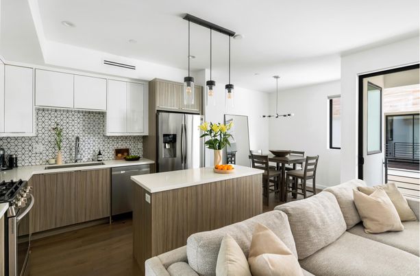 Dining room, Interior, Kitchen, Pendant Lights, Recessed Lighting, Stainless Steel Appliances, Wood Texture Flooring