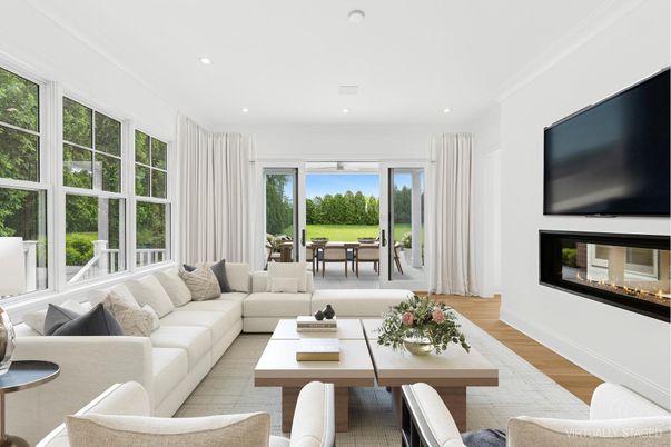 Fireplace, Interior, Living room, Recessed Lighting, Wood Texture Flooring