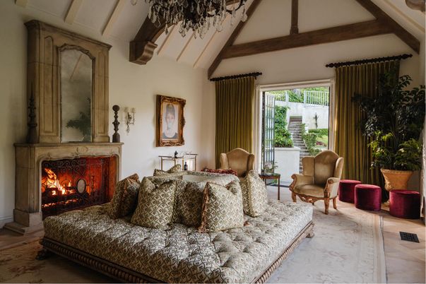 Chandelier, Fireplace, Interior, Living room, Wooden Beams