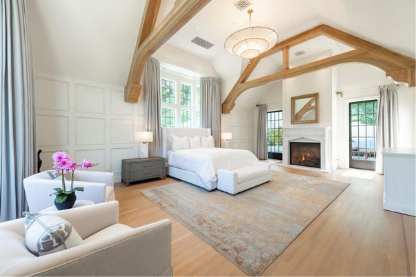 Bedroom, Fireplace, Interior, Pendant Lights, Wood Texture Flooring