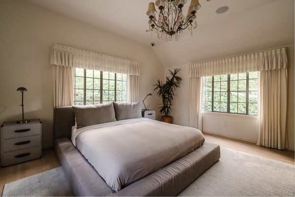 Bedroom, Chandelier, Interior, Wood Texture Flooring