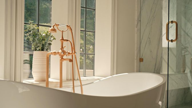 Bathroom, Free Standing Baths, Glass Shower, Interior, Marble Walls