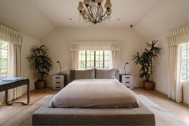 Bedroom, Chandelier, Interior, Recessed Lighting, Wood Texture Flooring