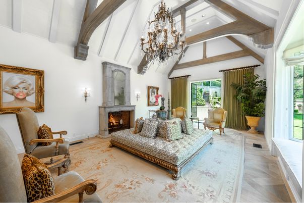 Chandelier, Fireplace, Interior, Living room, Recessed Lighting, Wooden Beams, Wood Texture Flooring