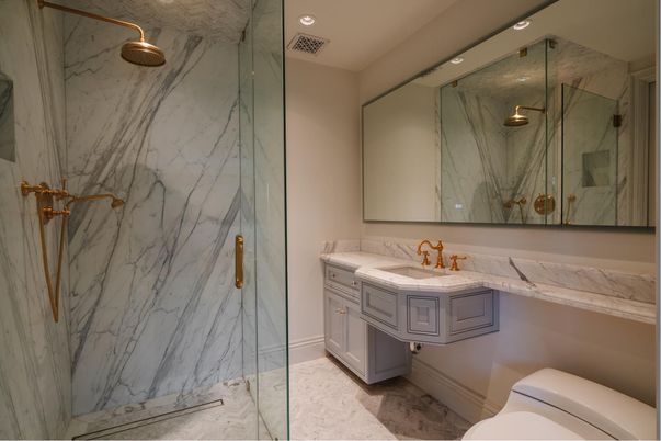 Bathroom, Glass Shower, Interior, Marble, Marble Walls, Recessed Lighting