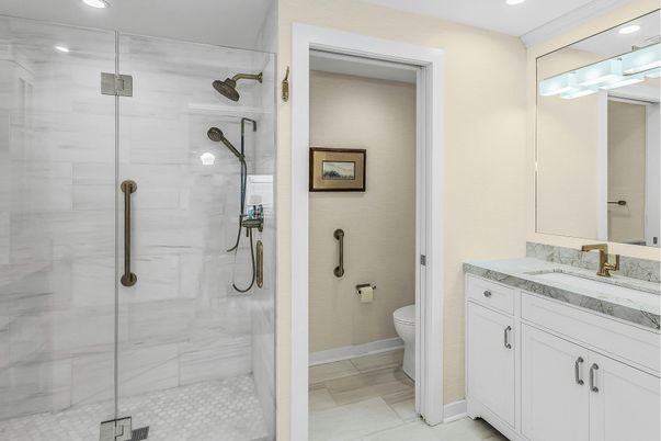 Bathroom, Glass Shower, Interior, Recessed Lighting