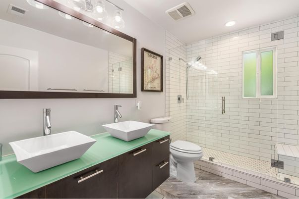 Bathroom, Dual Sink Vanities, Glass Shower, Interior, Recessed Lighting