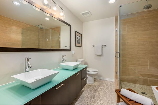 Bathroom, Dual Sink Vanities, Glass Shower, Interior, Recessed Lighting