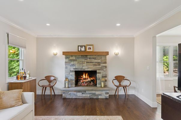 Fireplace, Interior, Recessed Lighting, Wood Texture Flooring
