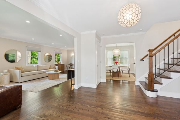 Chandelier, Dining room, Interior, Living room, Recessed Lighting, Wood Texture Flooring