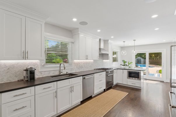 Interior, Kitchen, Pendant Lights, Recessed Lighting, Stainless Steel Appliances, Wood Texture Flooring