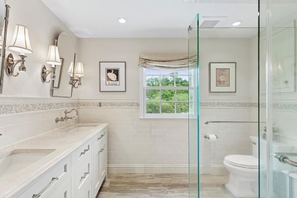 Bathroom, Glass Shower, Interior, Recessed Lighting, Wood Texture Flooring