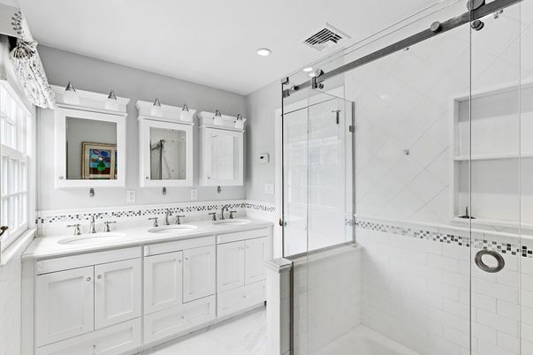 Bathroom, Dual Sink Vanities, Glass Shower, Interior, Marble, Recessed Lighting