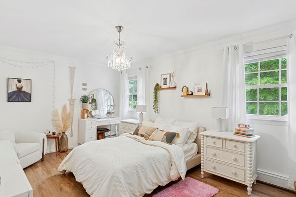 Bedroom, Chandelier, Interior, Wood Texture Flooring