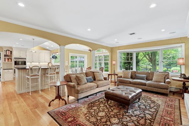 Interior, Kitchen, Living room, Recessed Lighting, Stainless Steel Appliances, Wood Texture Flooring