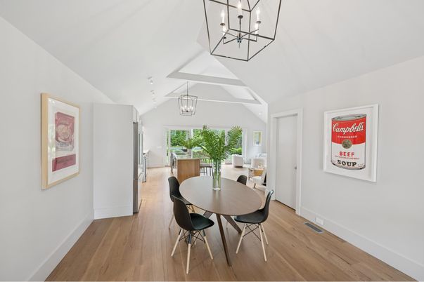 Dining room, Interior, Pendant Lights, Wood Texture Flooring