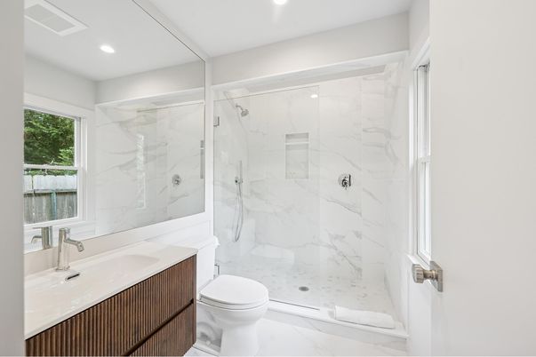 Bathroom, Glass Shower, Interior, Marble, Marble Walls, Recessed Lighting
