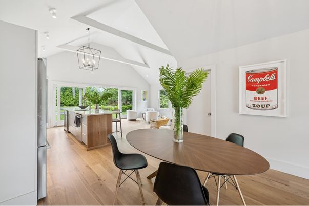 Dining room, Interior, Kitchen, Pendant Lights, Recessed Lighting, Wood Texture Flooring
