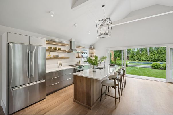 Interior, Kitchen, Pendant Lights, Stainless Steel Appliances, Wood Texture Flooring