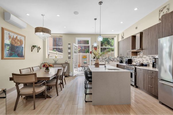 Dining room, Interior, Kitchen, Pendant Lights, Recessed Lighting, Stainless Steel Appliances, Wood Texture Flooring
