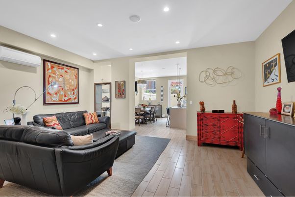 Dining room, Interior, Living room, Pendant Lights, Recessed Lighting, Wood Texture Flooring