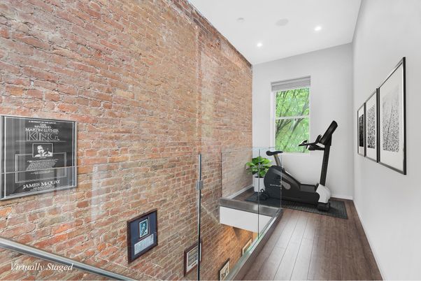 Fitness Equipment, Interior, Recessed Lighting, Stone Walls, Wood Texture Flooring