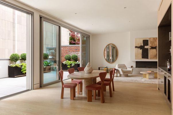 Dining room, Fireplace, Interior, Living room, Recessed Lighting, Wood Texture Flooring