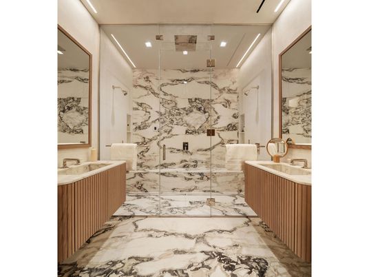 Bathroom, Interior, Marble, Marble Walls, Recessed Lighting