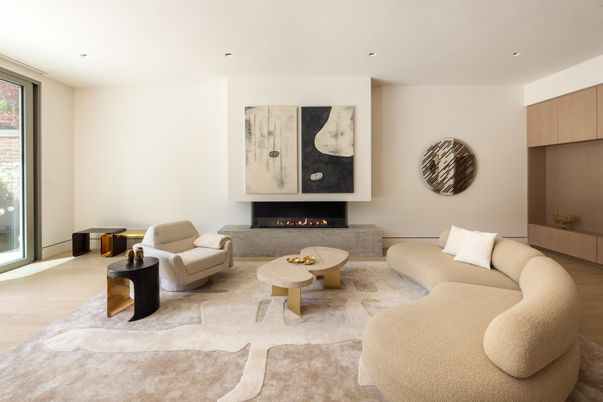 Fireplace, Interior, Living room, Recessed Lighting, Wood Texture Flooring