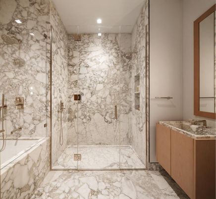 Bathroom, Glass Shower, Interior, Marble, Marble Walls, Recessed Lighting