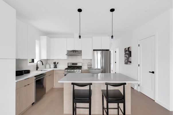 Interior, Kitchen, Pendant Lights, Stainless Steel Appliances, Wood Texture Flooring