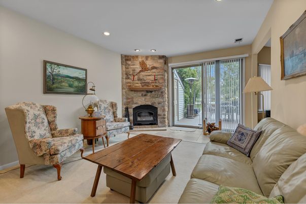 Fireplace, Interior, Living room, Recessed Lighting, Stone Walls