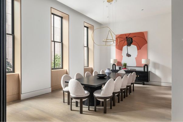 Dining room, Interior, Pendant Lights, Wood Texture Flooring