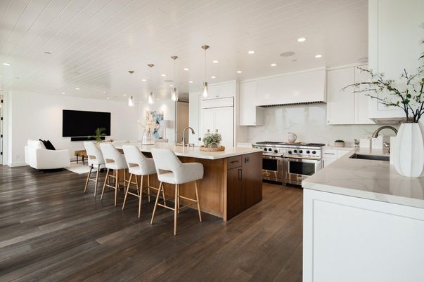 Interior, Kitchen, Marble Walls, Pendant Lights, Recessed Lighting, Stainless Steel Appliances, Wood Texture Flooring