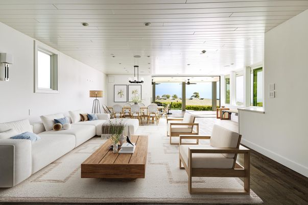Dining room, Interior, Living room, Pendant Lights, Recessed Lighting, Water, Wood Texture Flooring