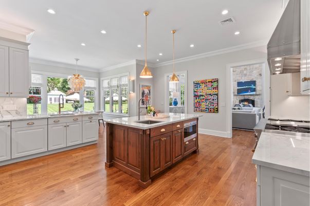Fireplace, Interior, Kitchen, Pendant Lights, Recessed Lighting, Wood Texture Flooring