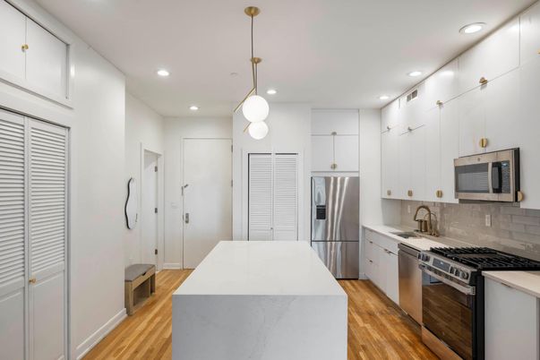 Interior, Kitchen, Pendant Lights, Recessed Lighting, Stainless Steel Appliances, Wood Texture Flooring