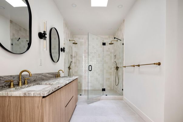 Bathroom, Dual Sink Vanities, Glass Shower, Interior, Recessed Lighting