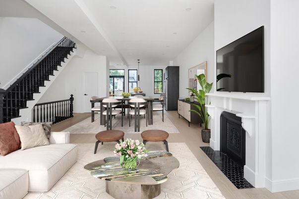 Dining room, Fireplace, Interior, Recessed Lighting, Wood Texture Flooring