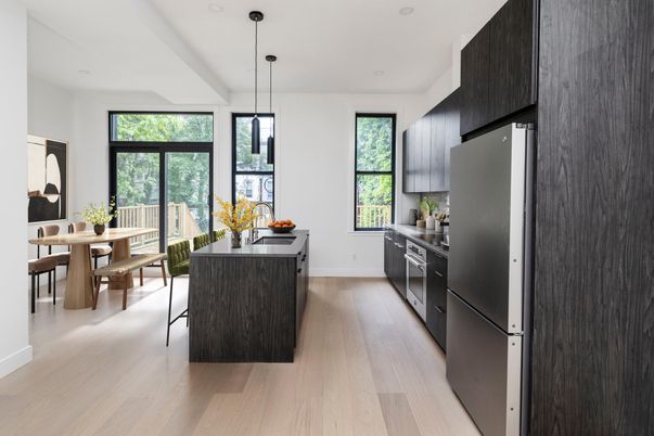 Dining room, Interior, Kitchen, Pendant Lights, Recessed Lighting, Stainless Steel Appliances, Wood Texture Flooring
