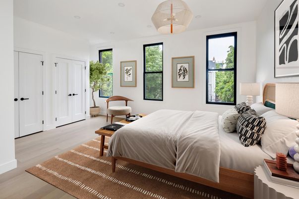 Bedroom, Interior, Pendant Lights, Wood Texture Flooring