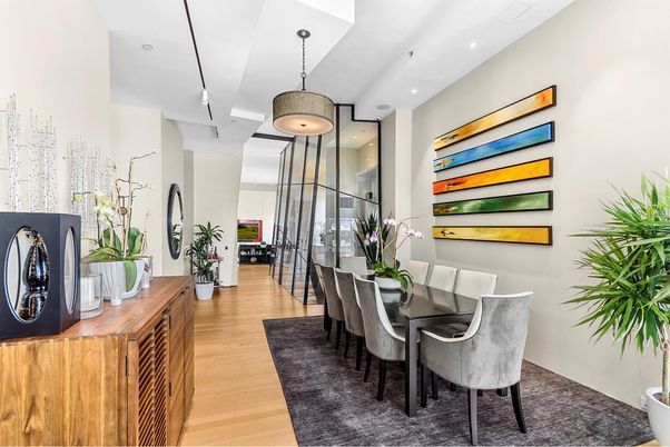 Dining room, Interior, Pendant Lights, Recessed Lighting, Wood Texture Flooring